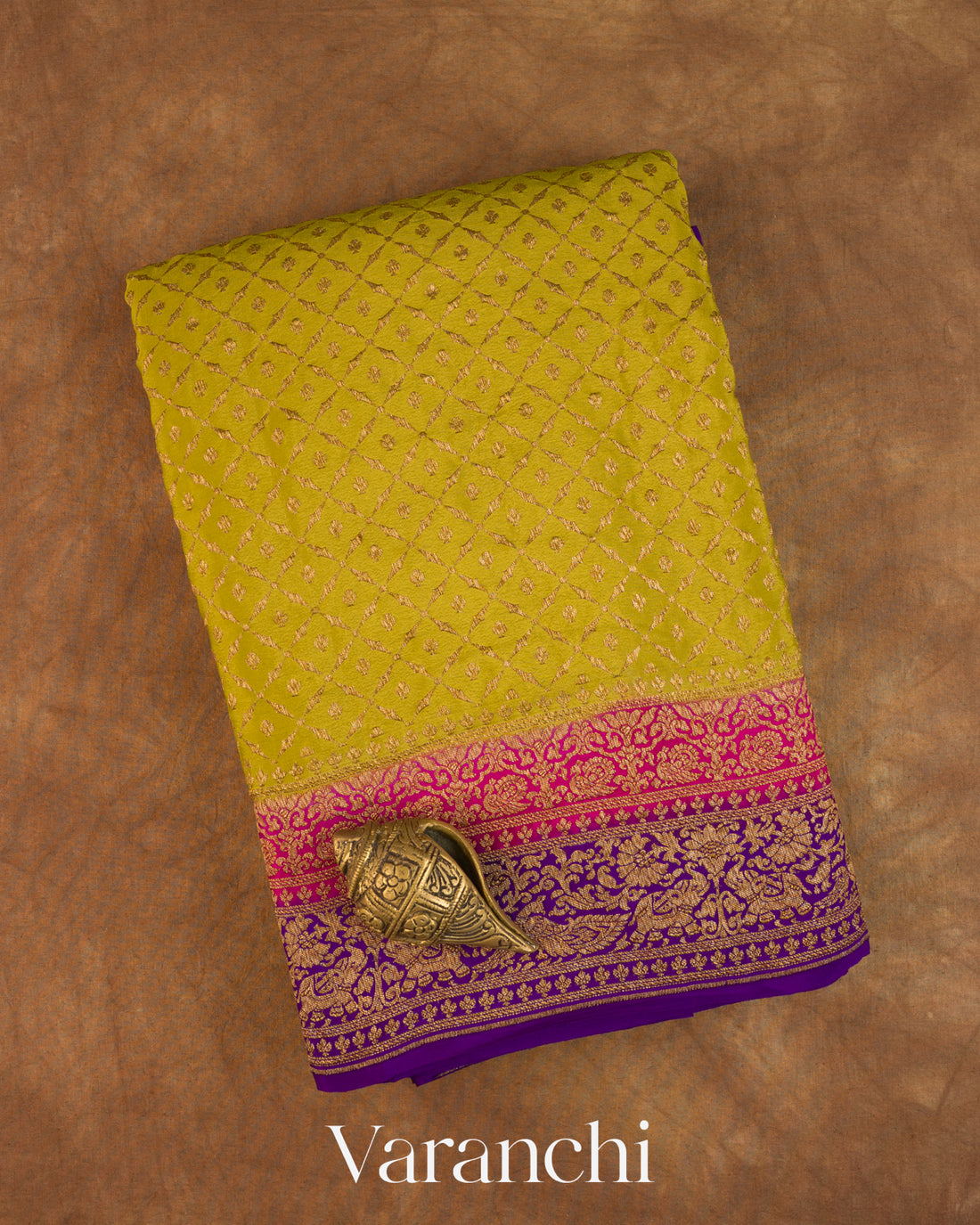 Olive Green Jaal Pure Crepe Silk Handloom Saree — Folded