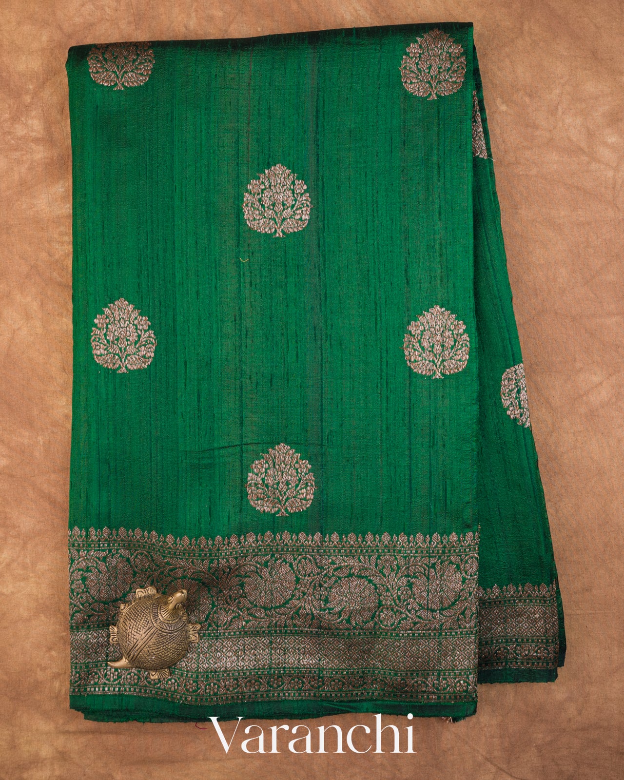 Bottle Green Pure Raw Silk Handloom Saree — Full Saree