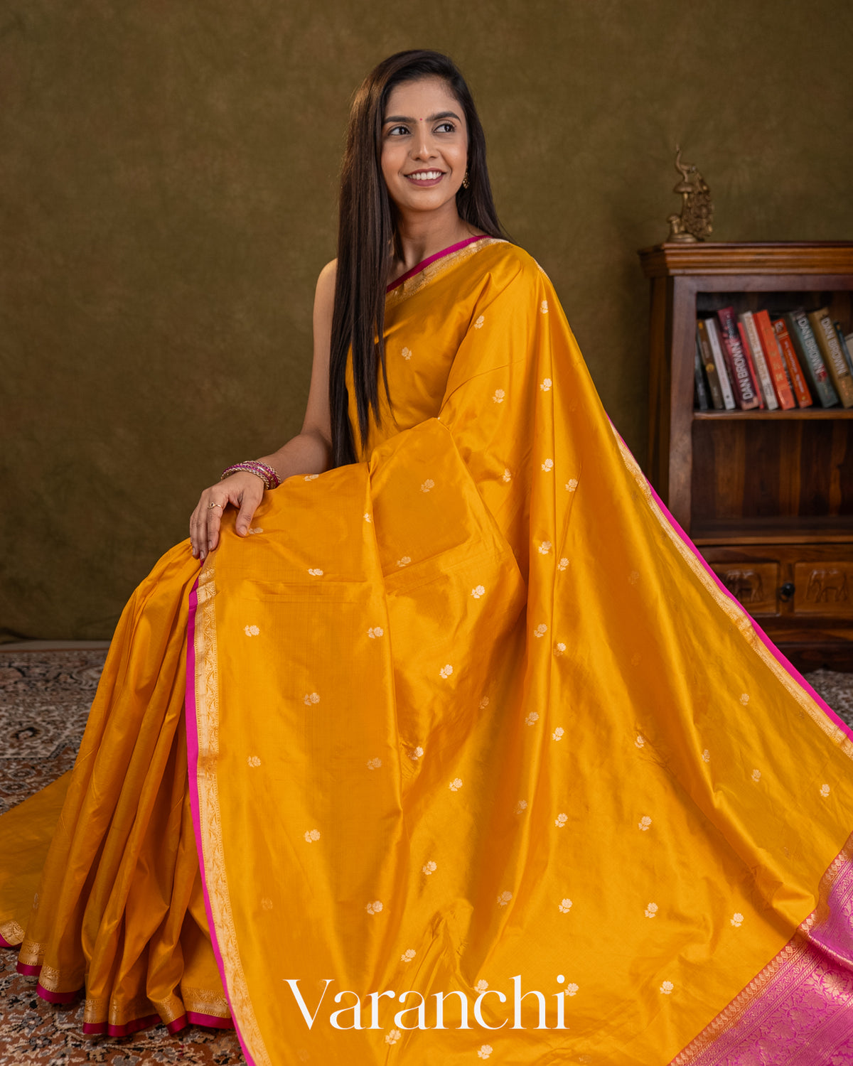 Amber Yellow Pure Katan Silk Handloom Saree — Draped