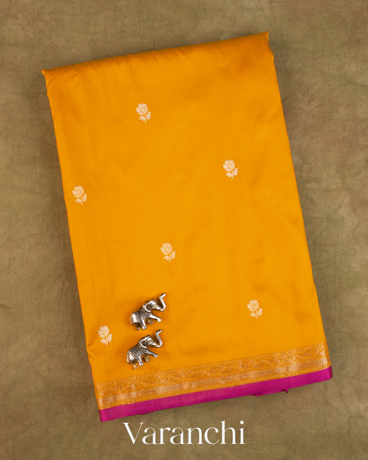 Amber Yellow Pure Katan Silk Handloom Saree — Folded