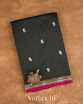 Jet Black Pure Katan Silk Handloom Saree — Folded