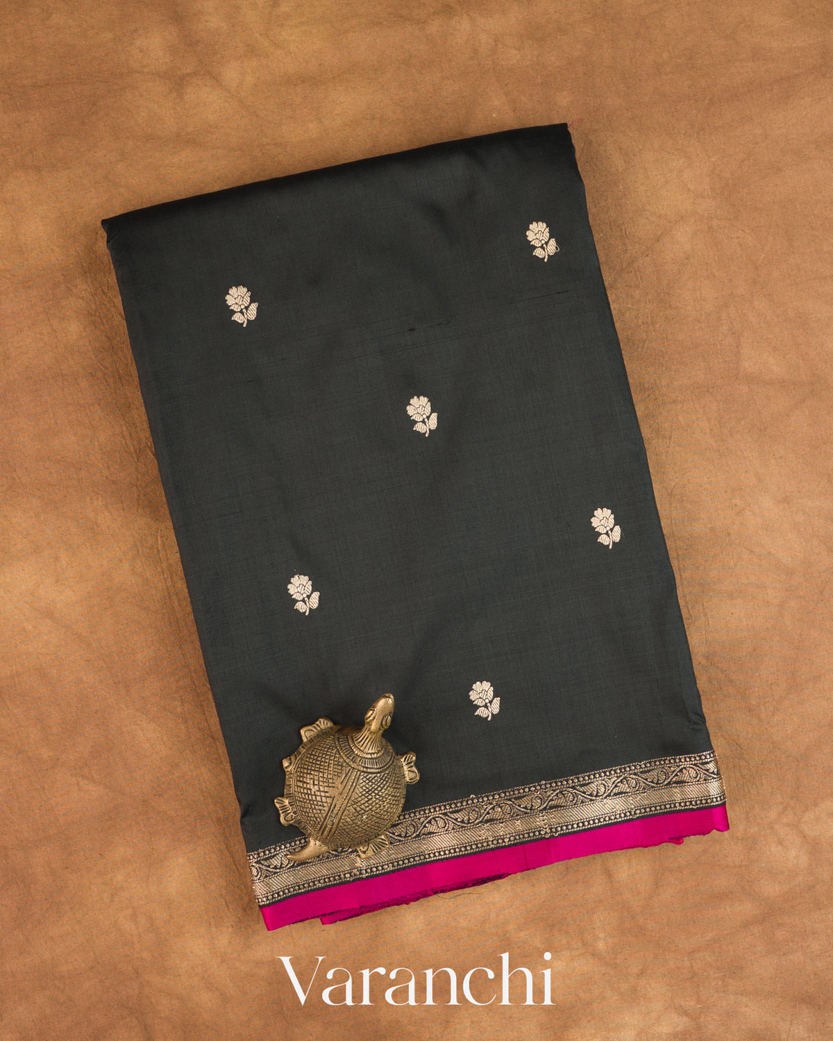 Jet Black Pure Katan Silk Handloom Saree — Folded