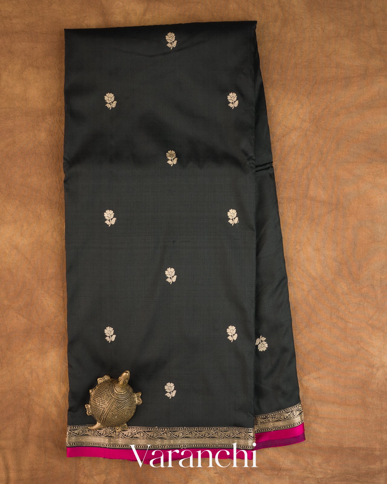 Jet Black Pure Katan Silk Handloom Saree — Full Saree