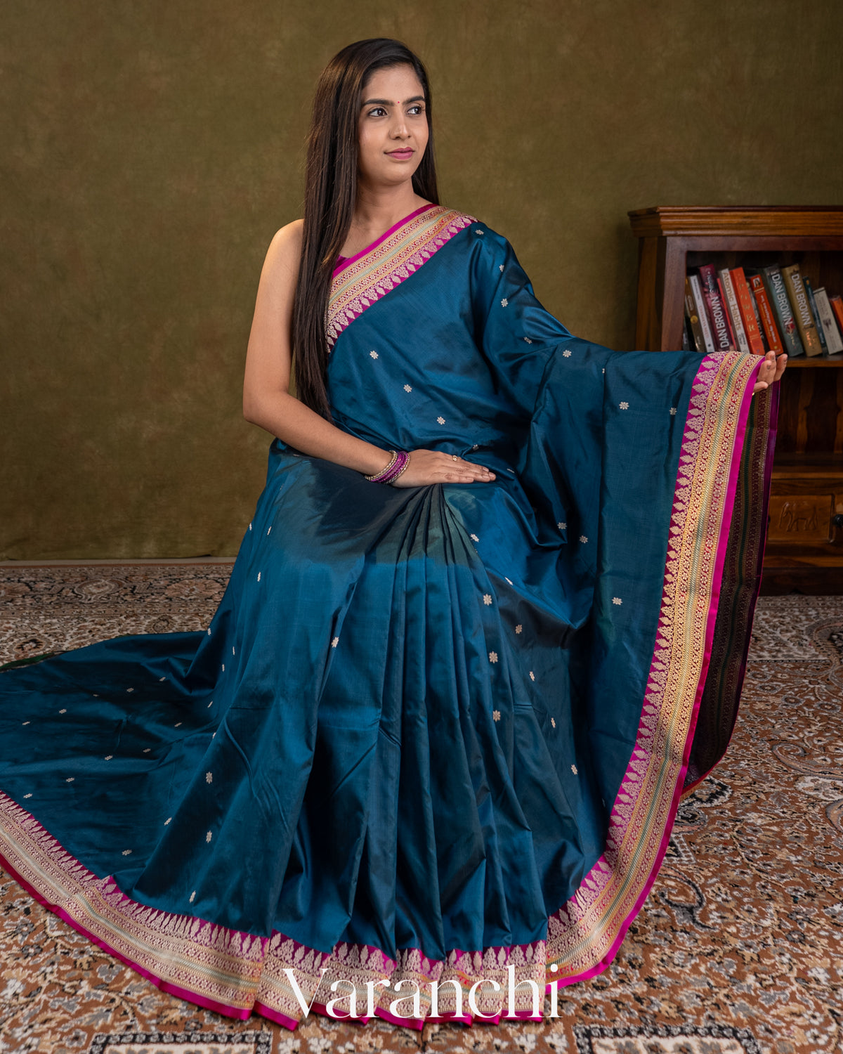 Peacock Blue Pure Katan Silk Handloom Saree — Draped