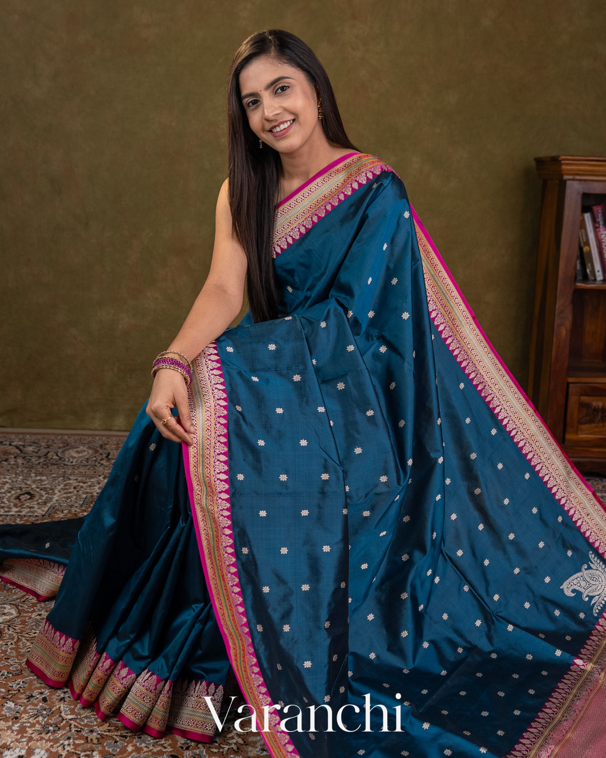 Peacock Blue Pure Katan Silk Handloom Saree — Draped