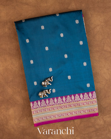 Peacock Blue Pure Katan Silk Handloom Saree — Folded