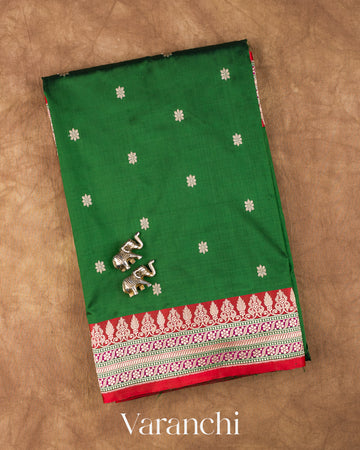 Bottle Green Pure Katan Silk Handloom Saree — Folded