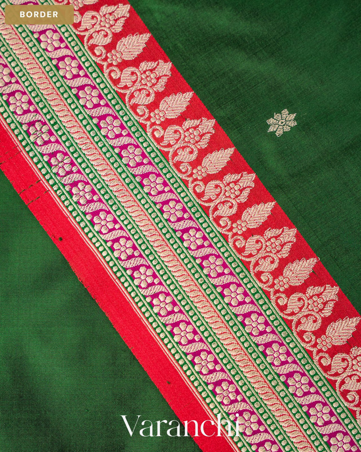 Bottle Green Pure Katan Silk Handloom Saree — Border