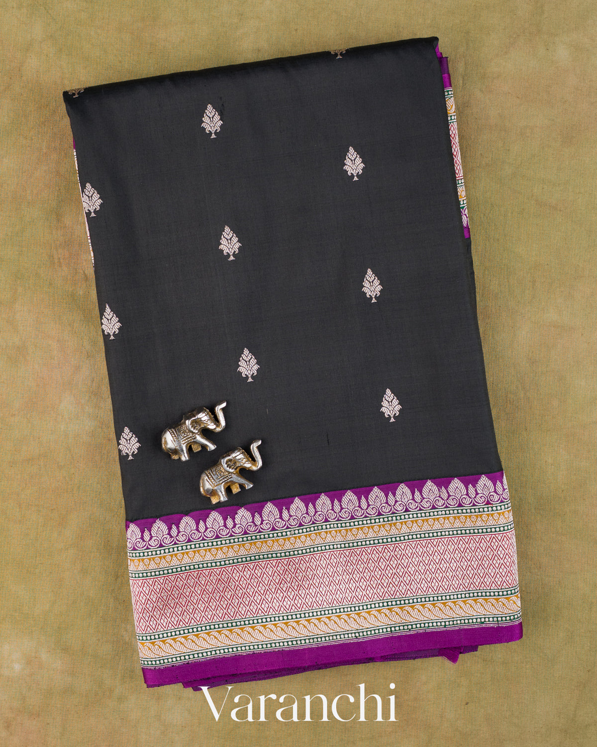 Jet Black Pure Katan Silk Handloom Saree — Folded