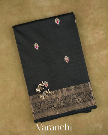 Jet Black Pure Katan Silk Handloom Saree — Folded