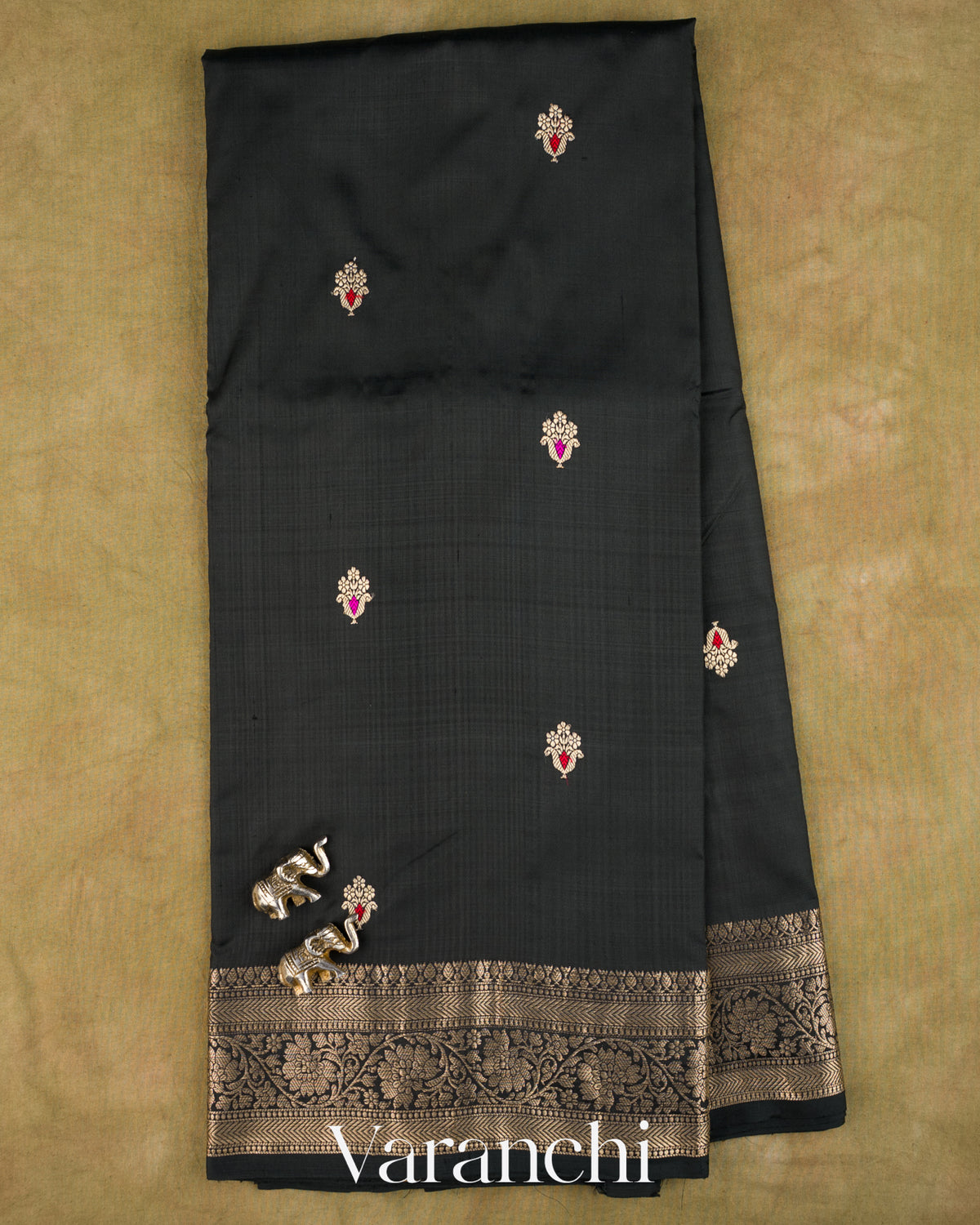 Jet Black Pure Katan Silk Handloom Saree — Full Saree