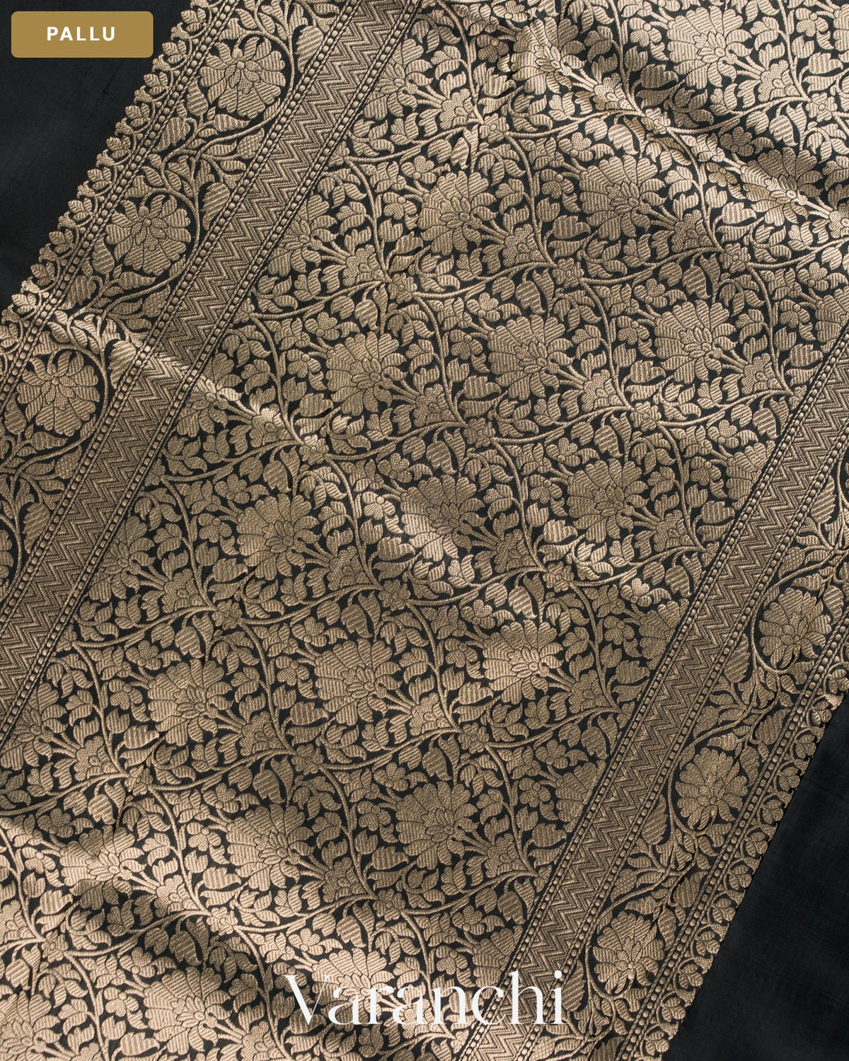 Jet Black Pure Katan Silk Handloom Saree — Pallu