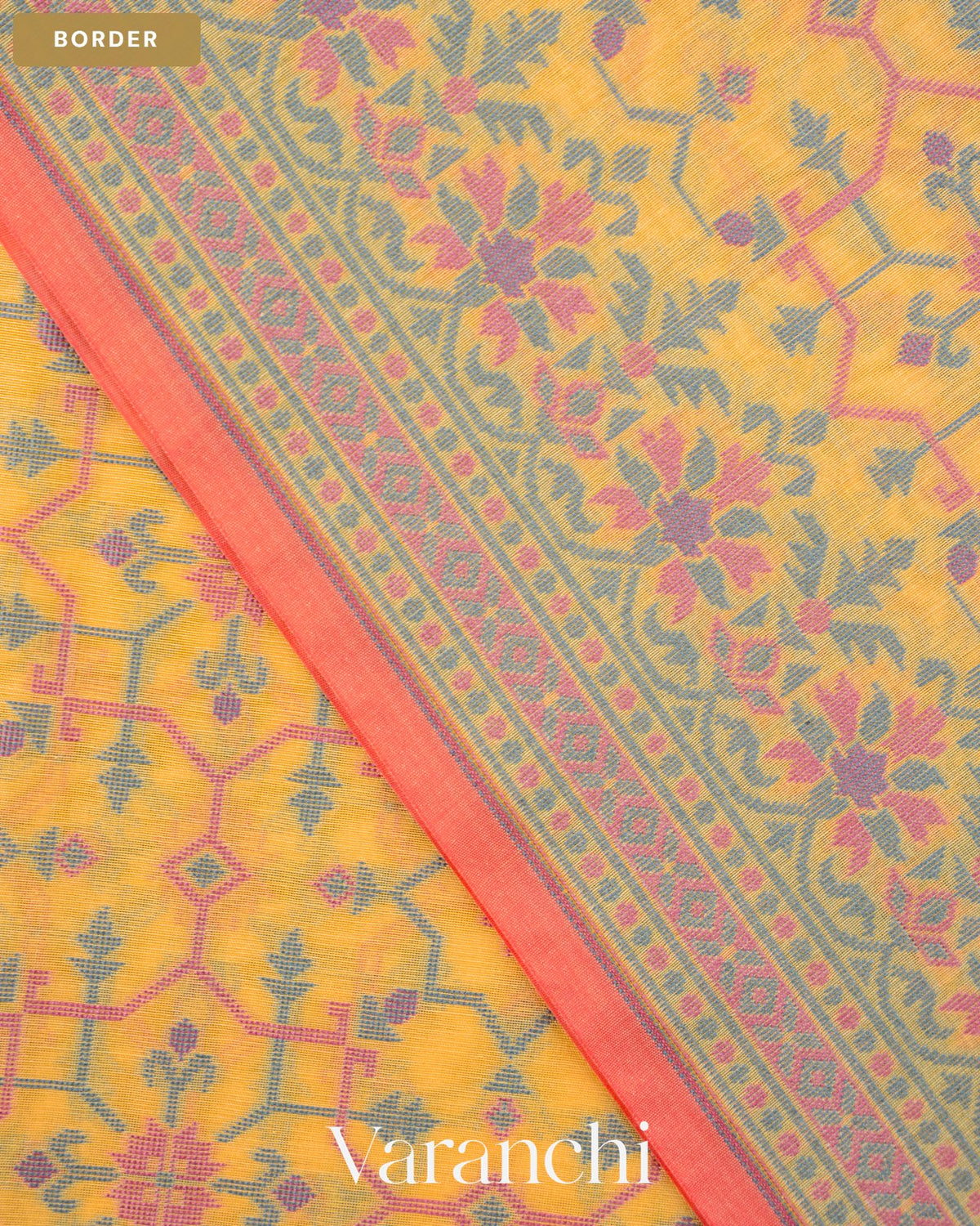 Marigold Yellow Jamdani Pure Kora Silk Cotton Saree — Border
