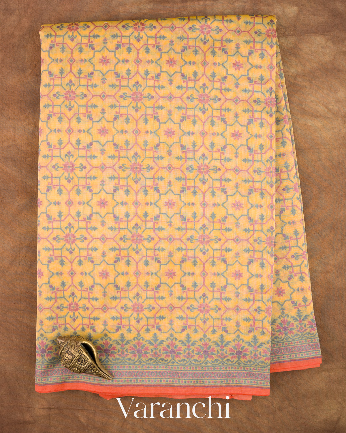 Marigold Yellow Jamdani Pure Kora Silk Cotton Saree — Full Saree