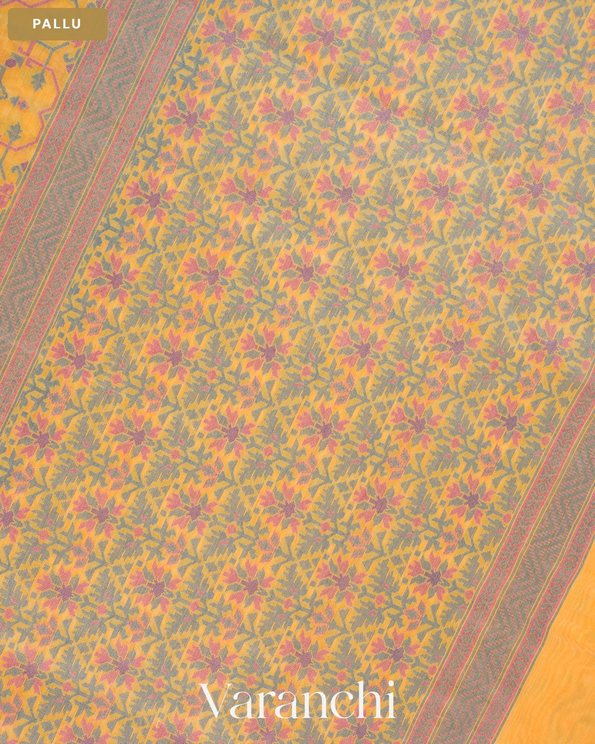 Marigold Yellow Jamdani Pure Kora Silk Cotton Saree — Pallu
