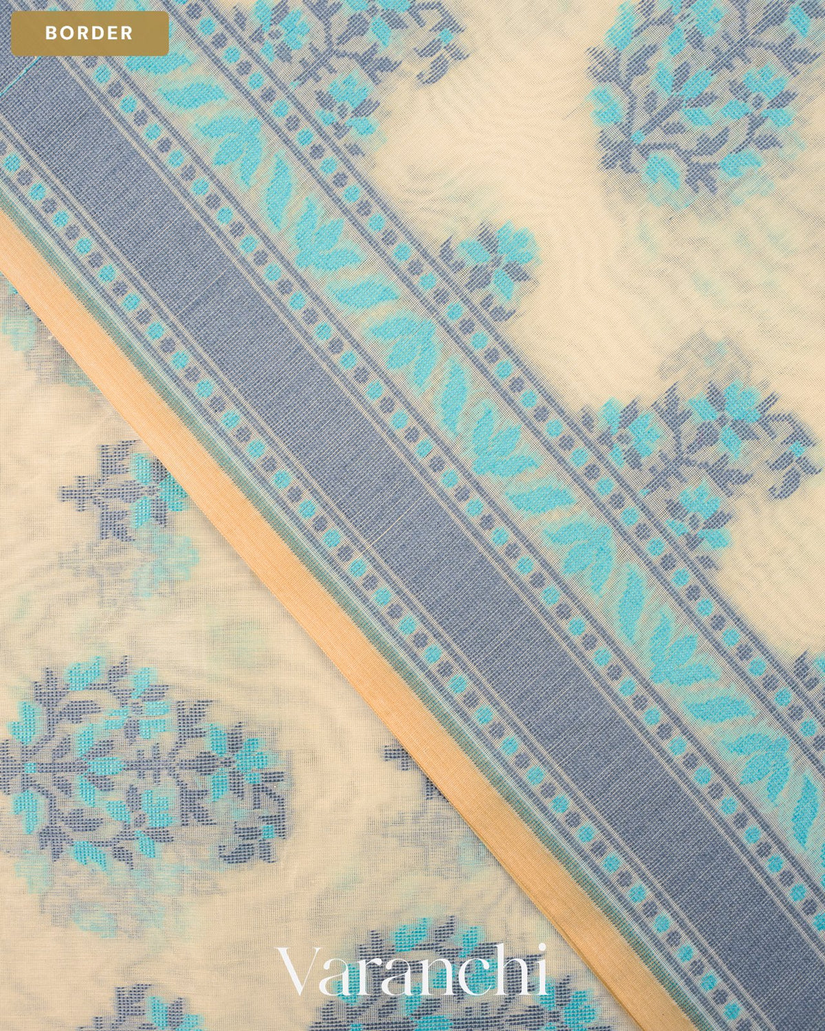Off- White Jamdani Pure Kora Silk Cotton Saree — Border