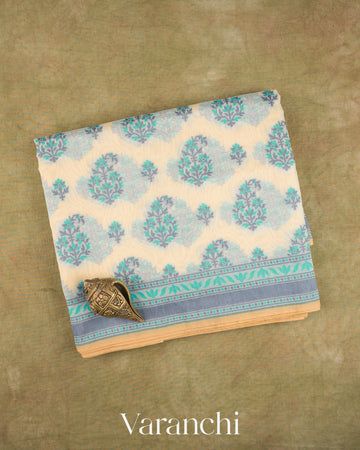 Off- White Jamdani Pure Kora Silk Cotton Saree — Folded