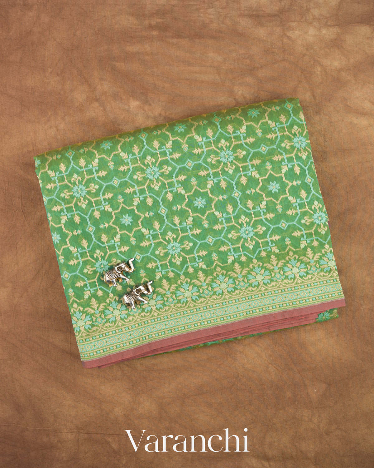Sage Green Jamdani Pure Kora Silk Cotton Saree — Folded