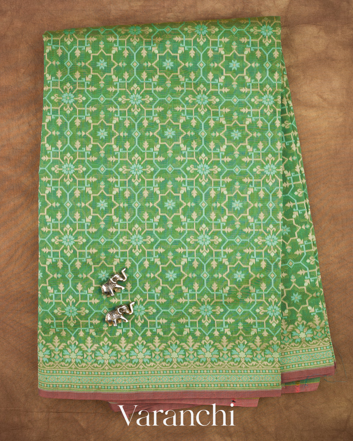 Sage Green Jamdani Pure Kora Silk Cotton Saree — Full Saree