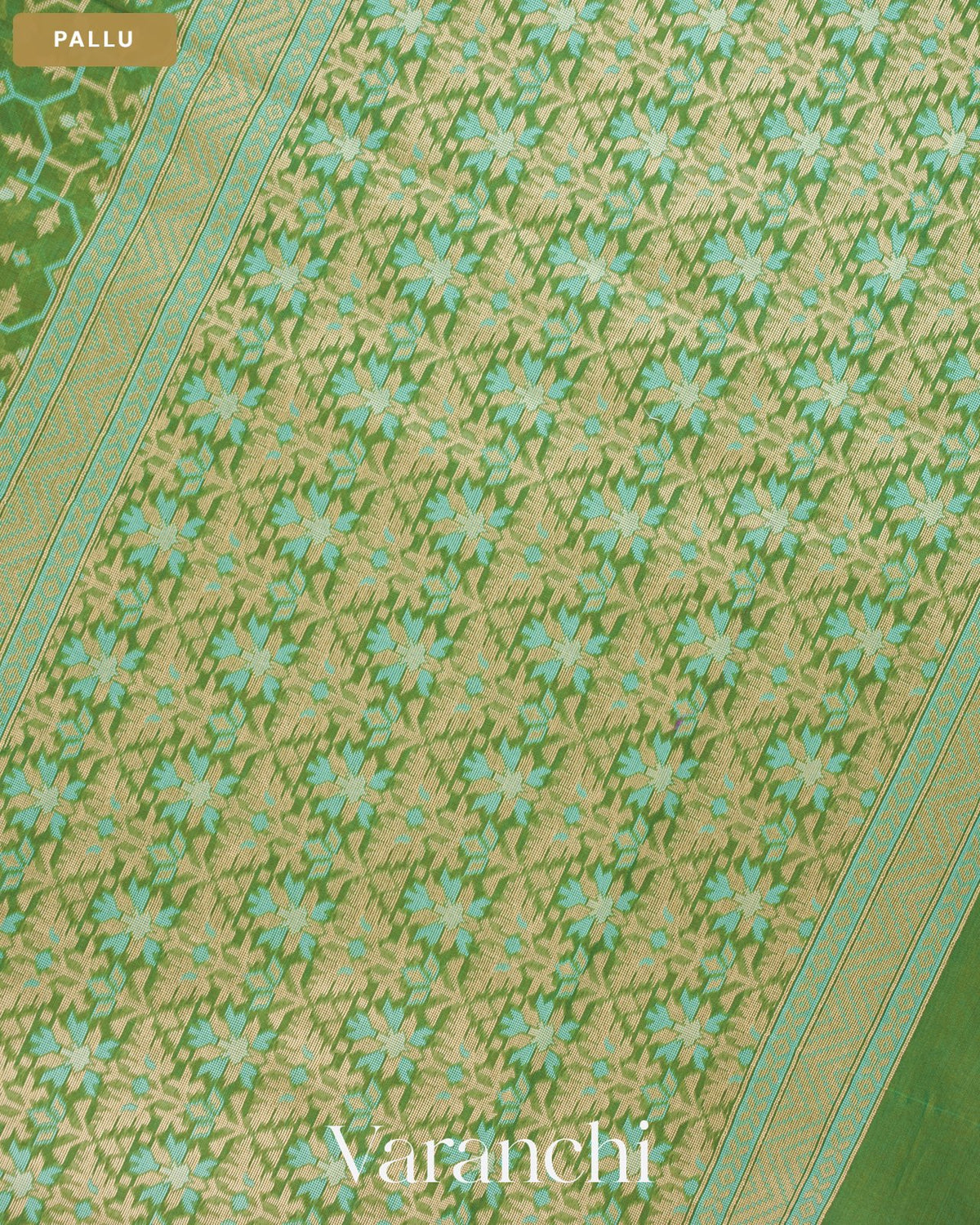 Sage Green Jamdani Pure Kora Silk Cotton Saree — Pallu