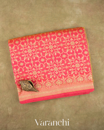 Coral Red Jamdani Pure Kora Silk Cotton Saree — Folded