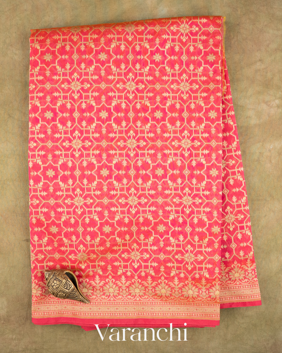 Coral Red Jamdani Pure Kora Silk Cotton Saree — Full Saree