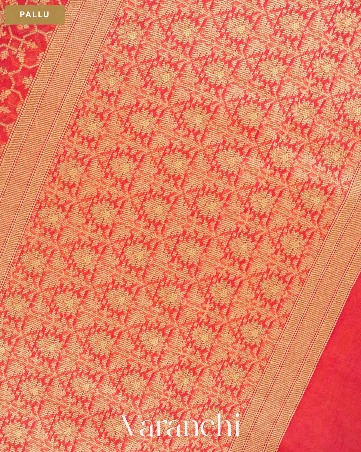 Coral Red Jamdani Pure Kora Silk Cotton Saree — Pallu
