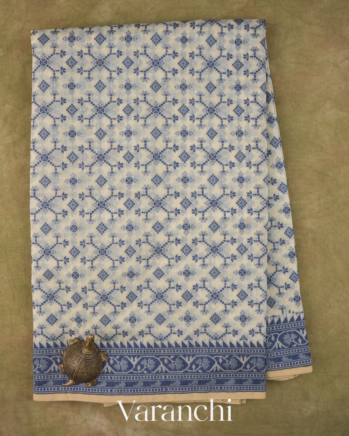 White Jamdani Pure Kora Silk Cotton Saree — Full Saree