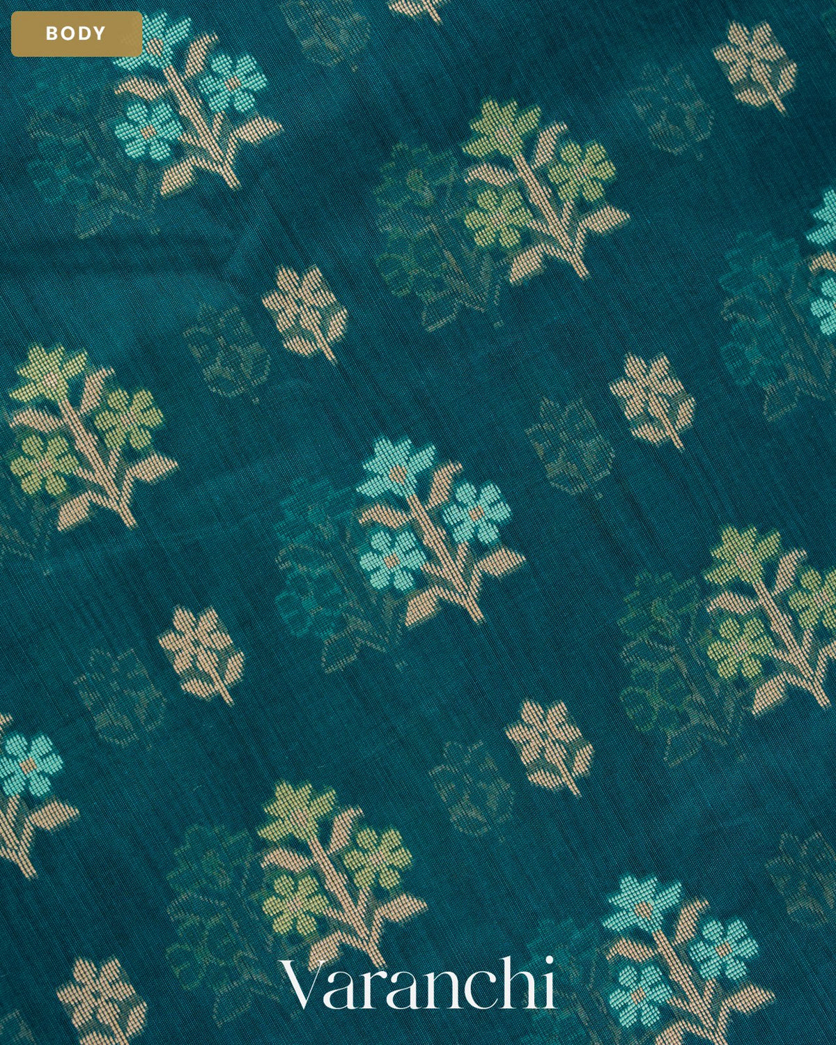 Teal Blue Floral Jamdani Pure Kora Silk Saree — Body