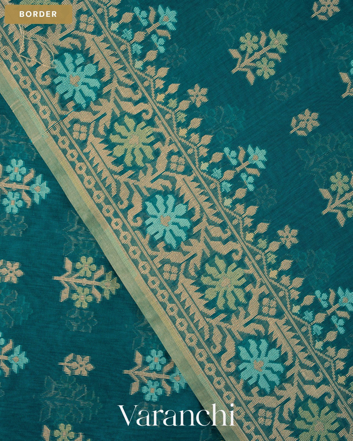 Teal Blue Floral Jamdani Pure Kora Silk Saree — Border