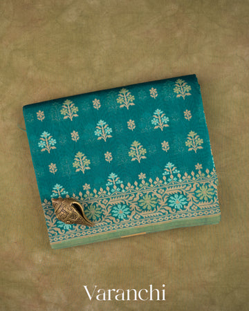 Teal Blue Floral Jamdani Pure Kora Silk Saree — Folded
