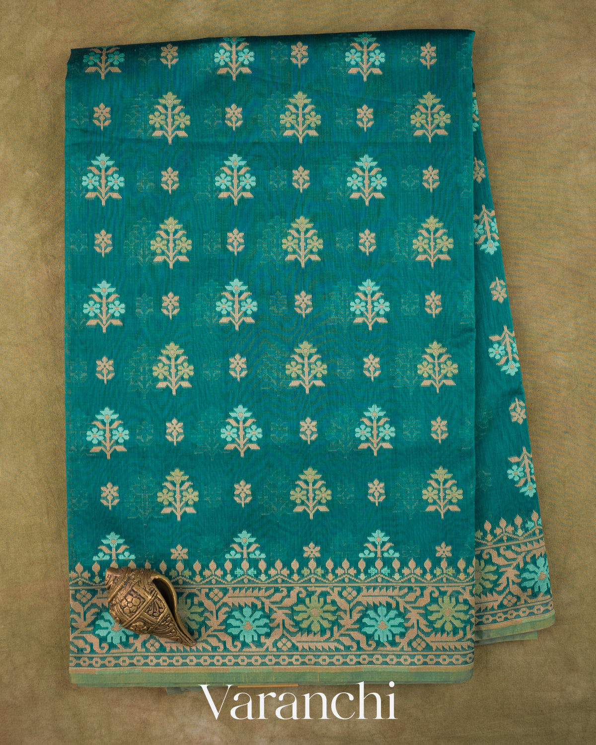 Teal Blue Floral Jamdani Pure Kora Silk Saree — Full Saree