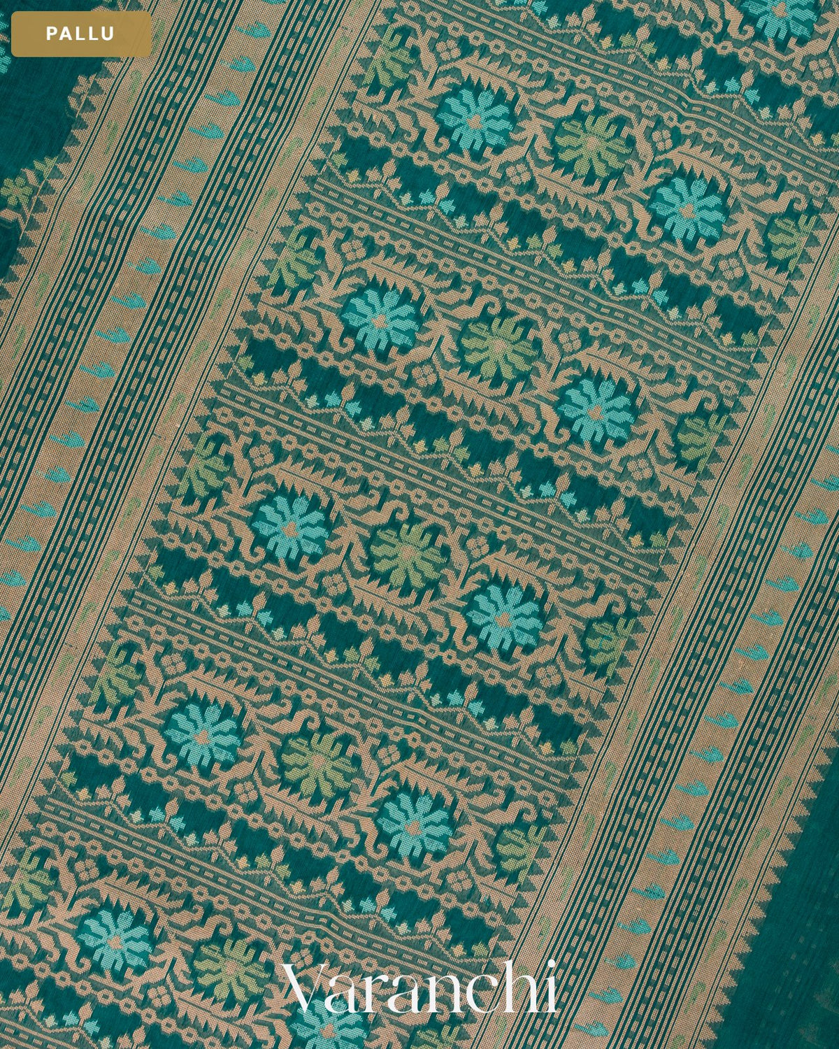 Teal Blue Floral Jamdani Pure Kora Silk Saree — Pallu