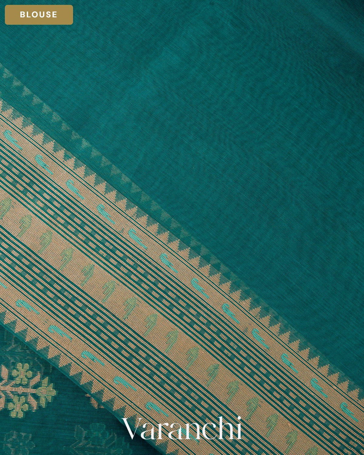 Teal Blue Floral Jamdani Pure Kora Silk Saree — Blouse