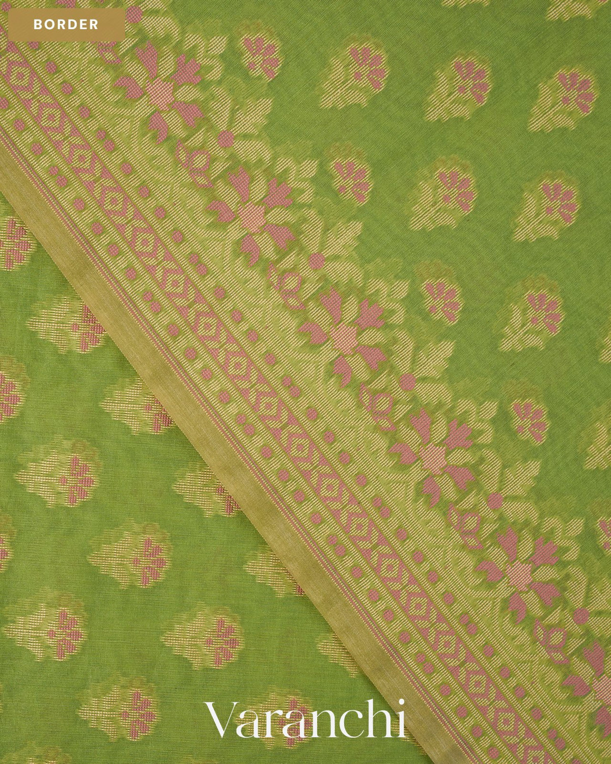 Pista Green Jamdani Pure Kora Silk Cotton Saree — Border