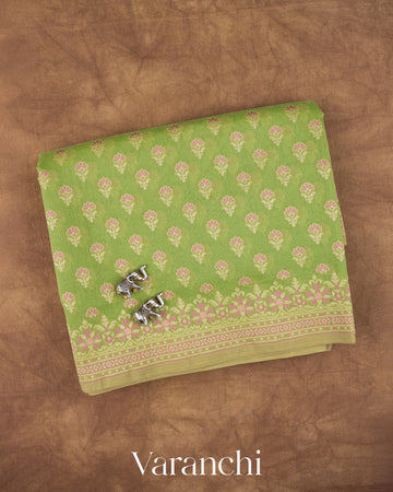Pista Green Jamdani Pure Kora Silk Cotton Saree — Folded