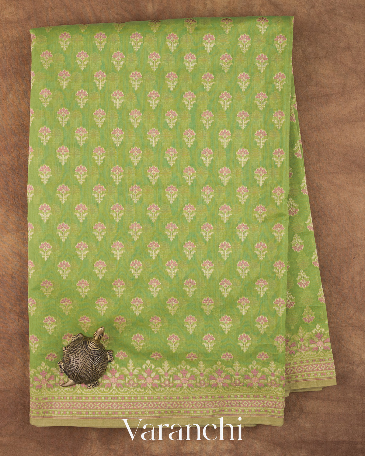 Pista Green Jamdani Pure Kora Silk Cotton Saree — Full Saree