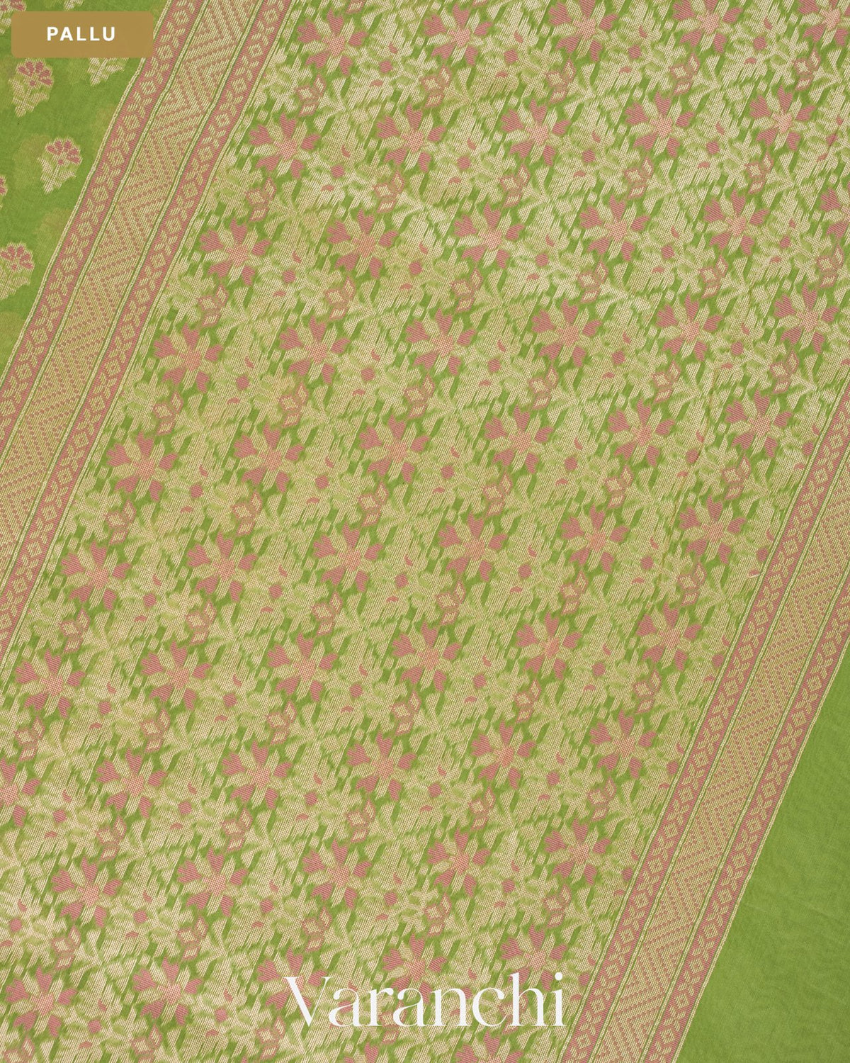Pista Green Jamdani Pure Kora Silk Cotton Saree — Pallu
