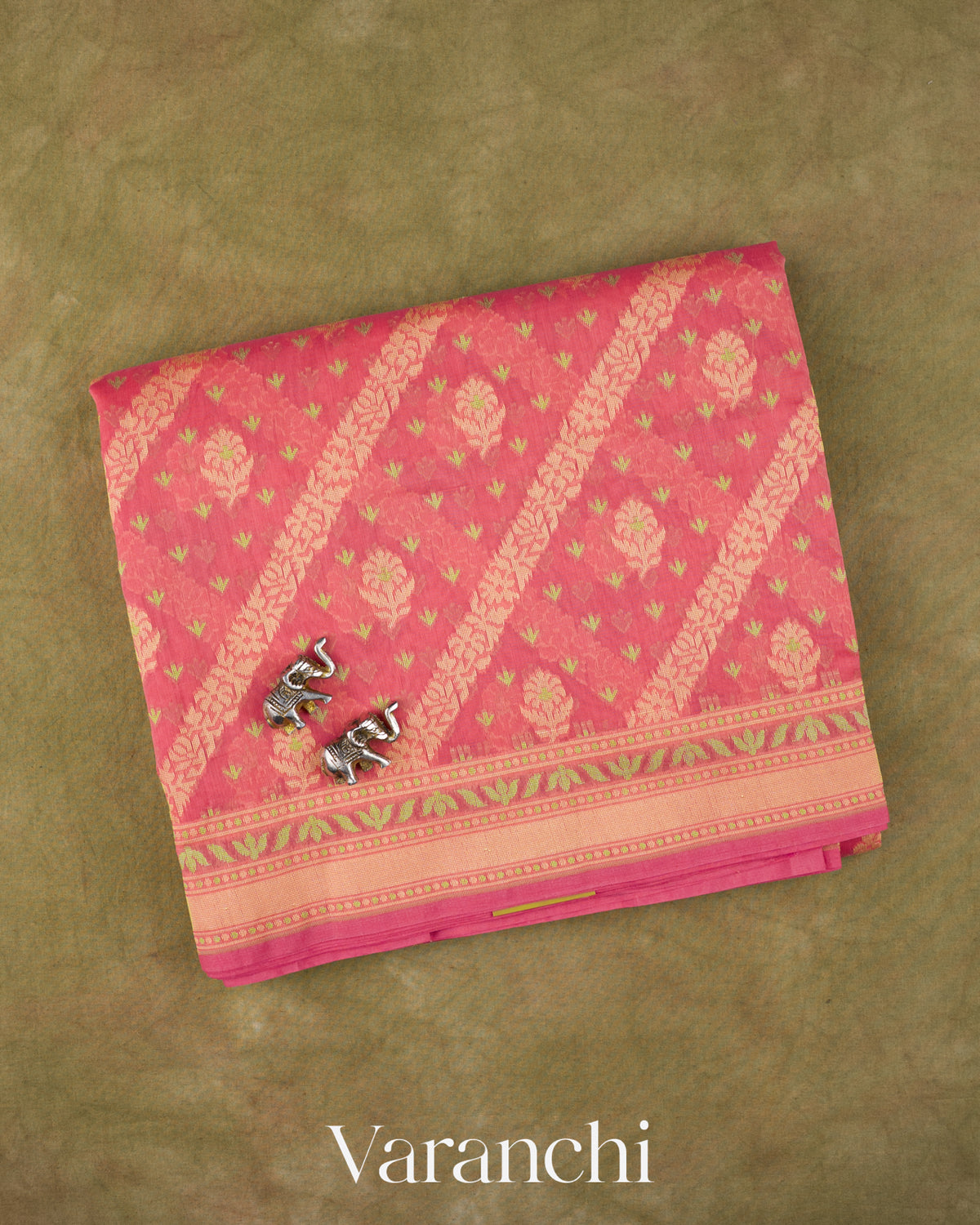 Coral Pink Jamdani Pure Kora Silk Cotton Saree — Folded