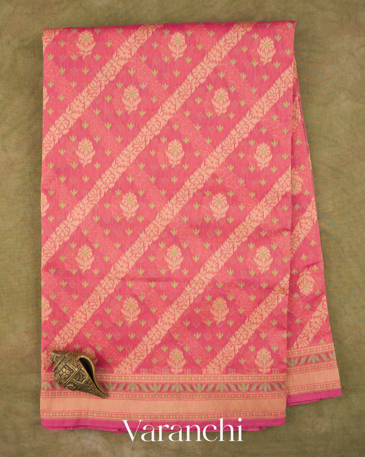 Coral Pink Jamdani Pure Kora Silk Cotton Saree — Full Saree