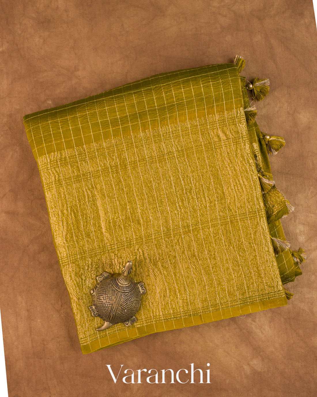Mehandi Green Checkered Pure Crush Kora Silk Saree — Folded