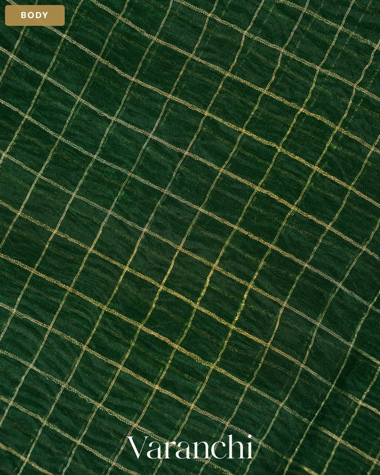 Bottle Green Checkered Pure Kora Silk Saree — Body