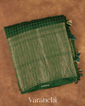 Bottle Green Checkered Pure Kora Silk Saree — Folded