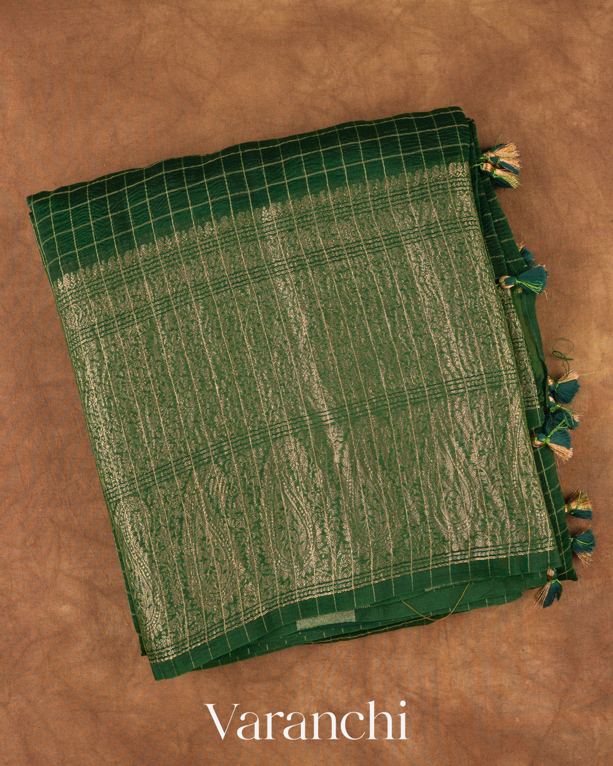 Bottle Green Checkered Pure Kora Silk Saree — Folded