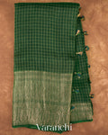 Bottle Green Checkered Pure Kora Silk Saree — Full Saree