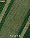 Bottle Green Checkered Pure Kora Silk Saree — Pallu
