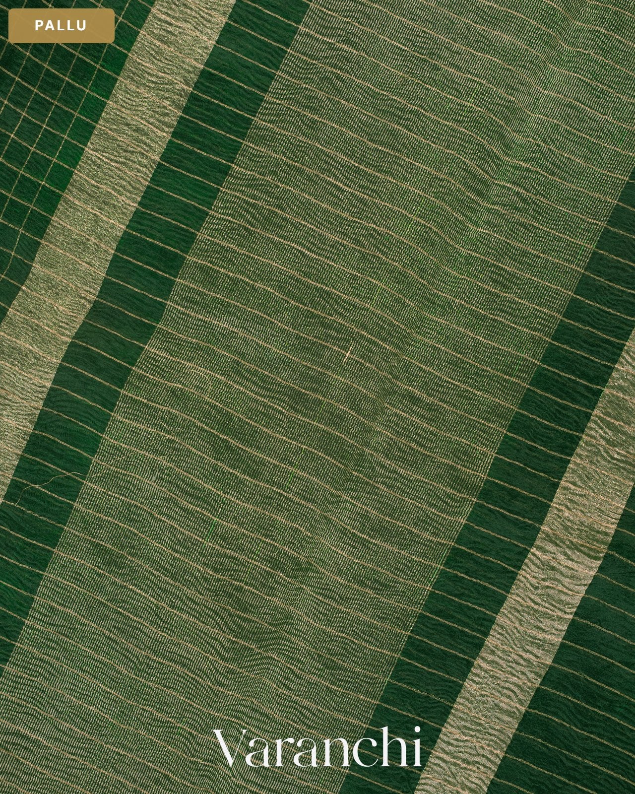 Bottle Green Checkered Pure Kora Silk Saree — Pallu