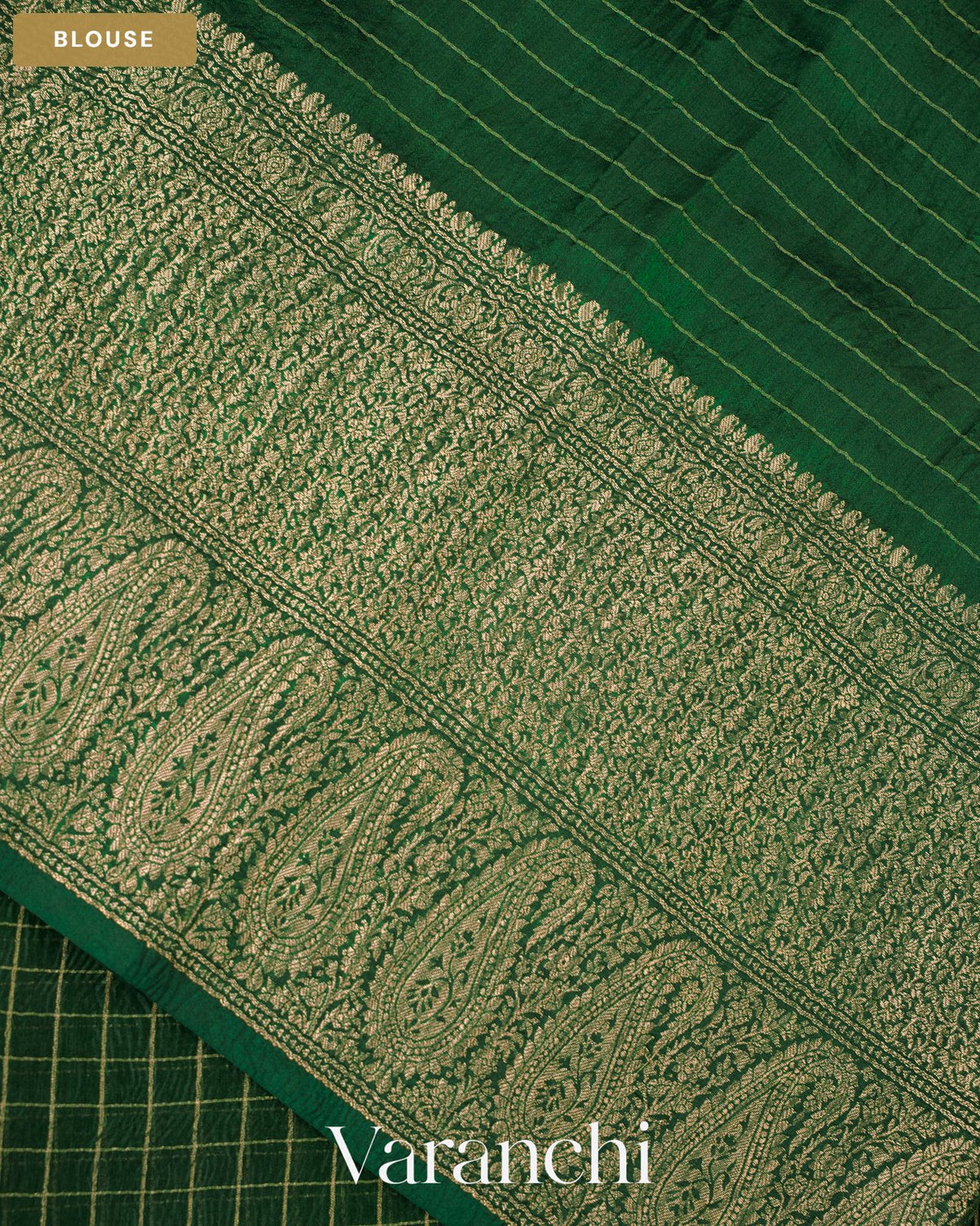Bottle Green Checkered Pure Kora Silk Saree — Blouse