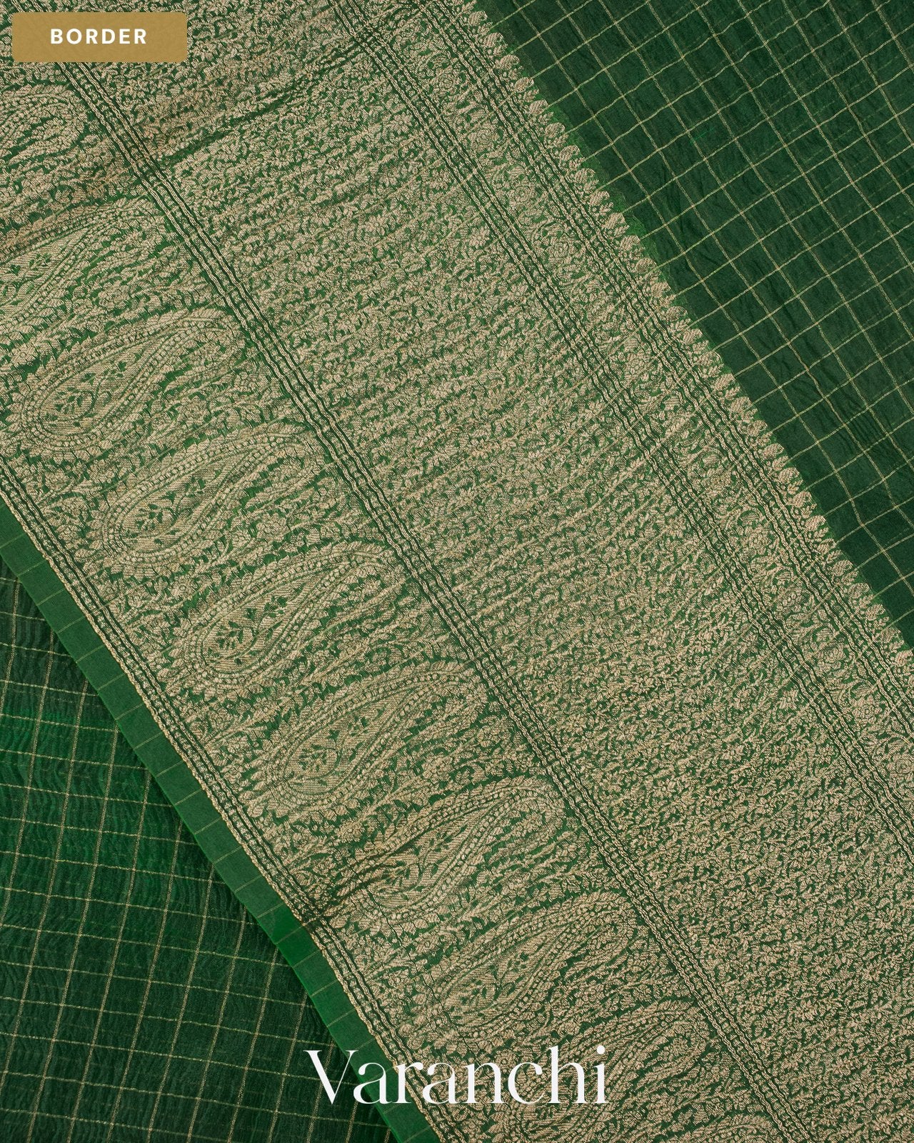 Bottle Green Checkered Pure Kora Silk Saree — Border