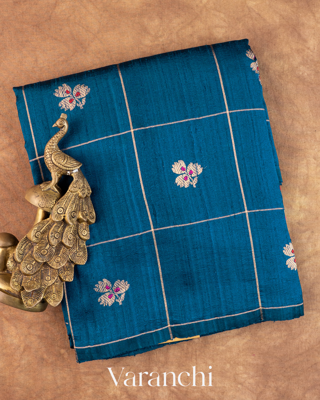 Navy Blue Checkered Pure Raw Silk Handloom Saree — Folded
